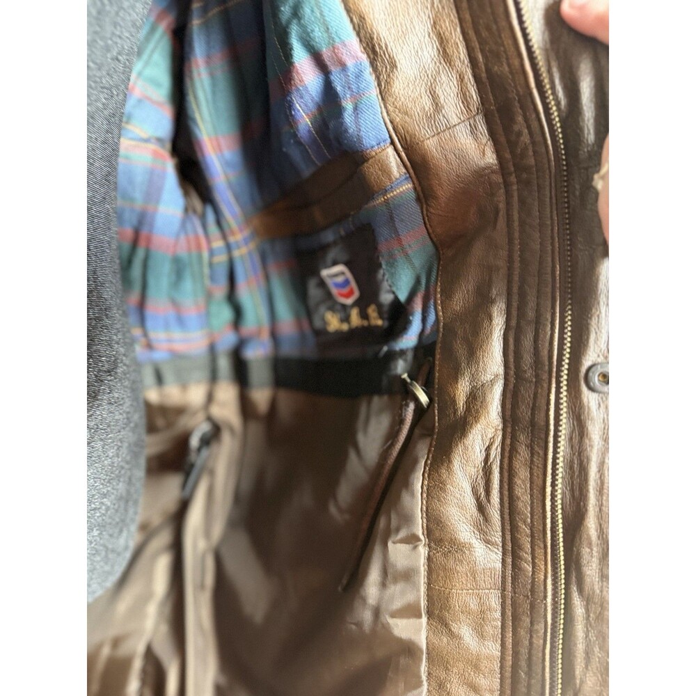 Burk’s Bay Brown Genuine Leather Jacket Plaid Lined Size L - Picture 15 of 16